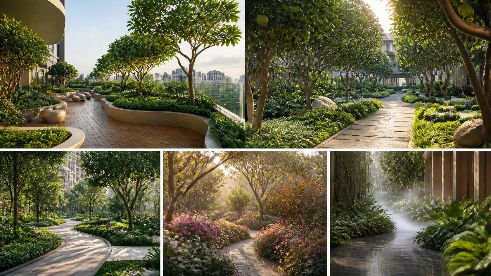 Nature amenities at Brigade Barcelona — eco deck, orchard garden, walking trails, aroma garden and mist garden