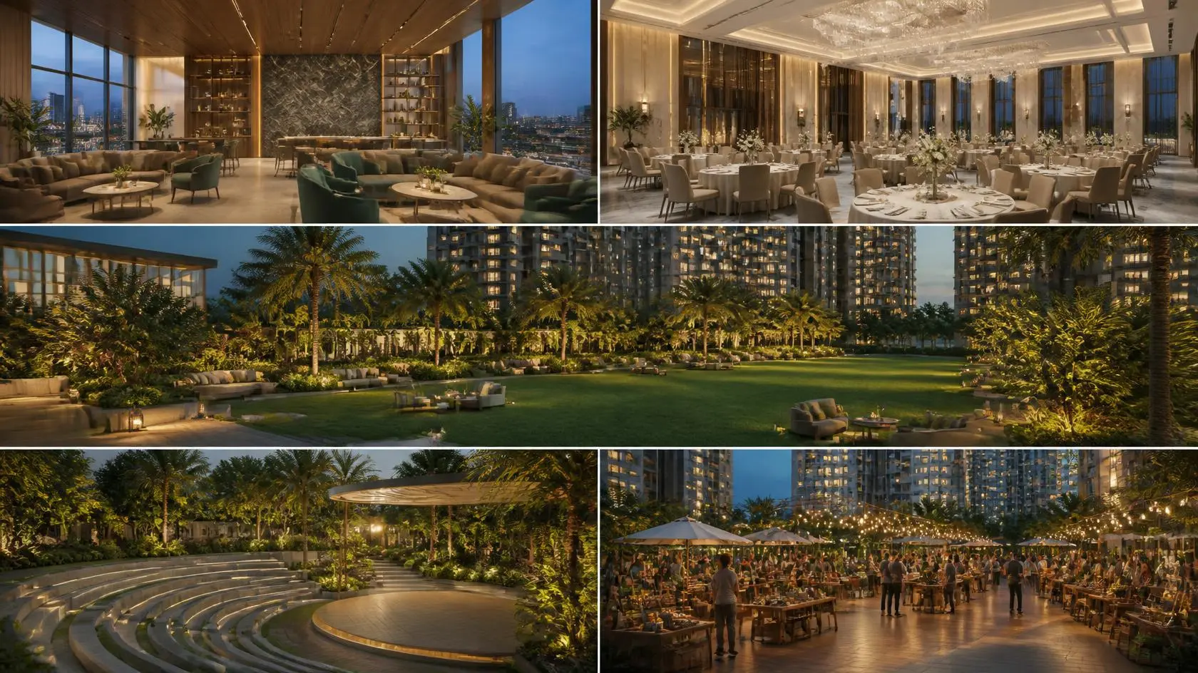 Social amenities at Brigade Barcelona — club lounge, banquet hall, event lawn, amphitheatre and flea market